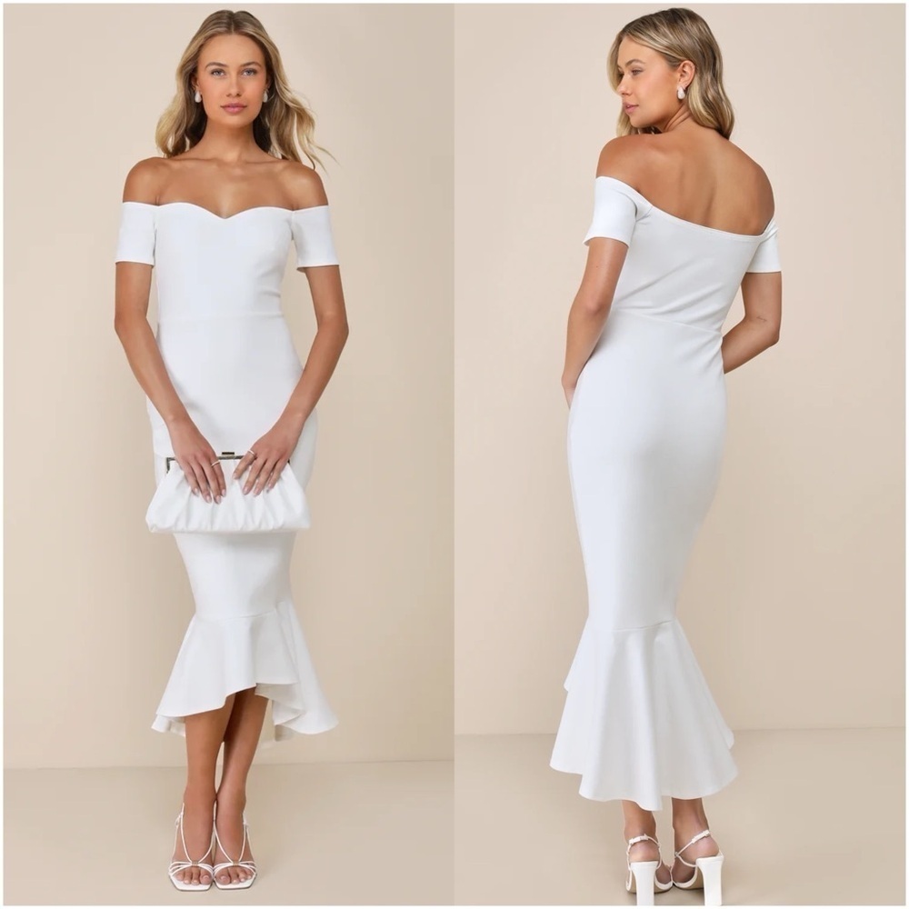 LULU’S How Much I Care Ivory Off The Shoulder Midi Dress